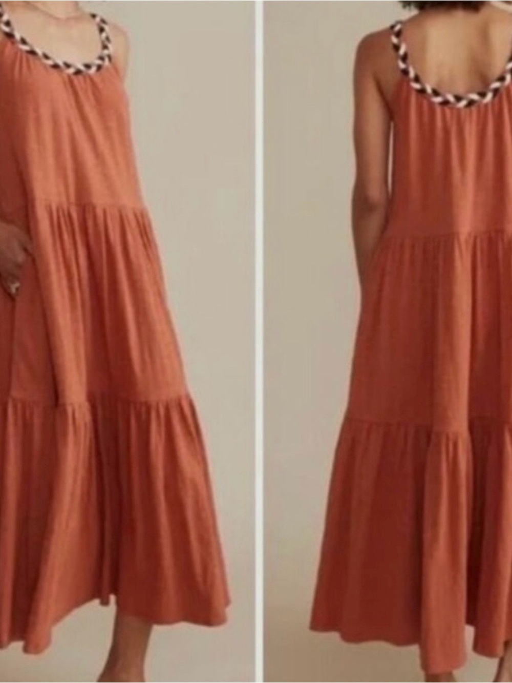Marine Layer Cotton Braided Scoop Neck Clay Front Pockets L Midi Dress ANDREA